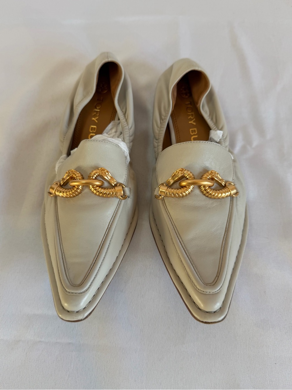 Tory Burch Cream-Gray Leather Loafers with Gold Chain Detail